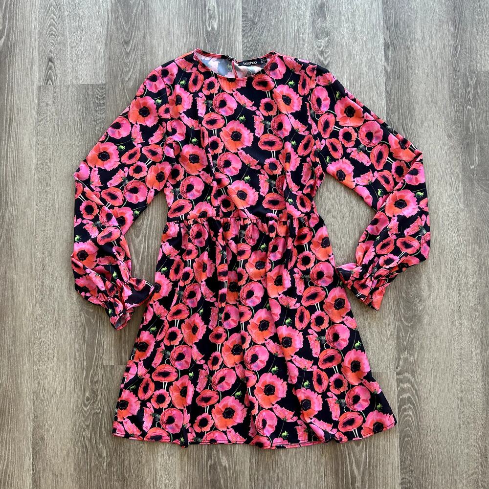 EUC Boohoo Hot Pink and Red Poppy Floral Long Sleeve Ruffle Cuff Dress Mini US 6 - Picture 2 of 16